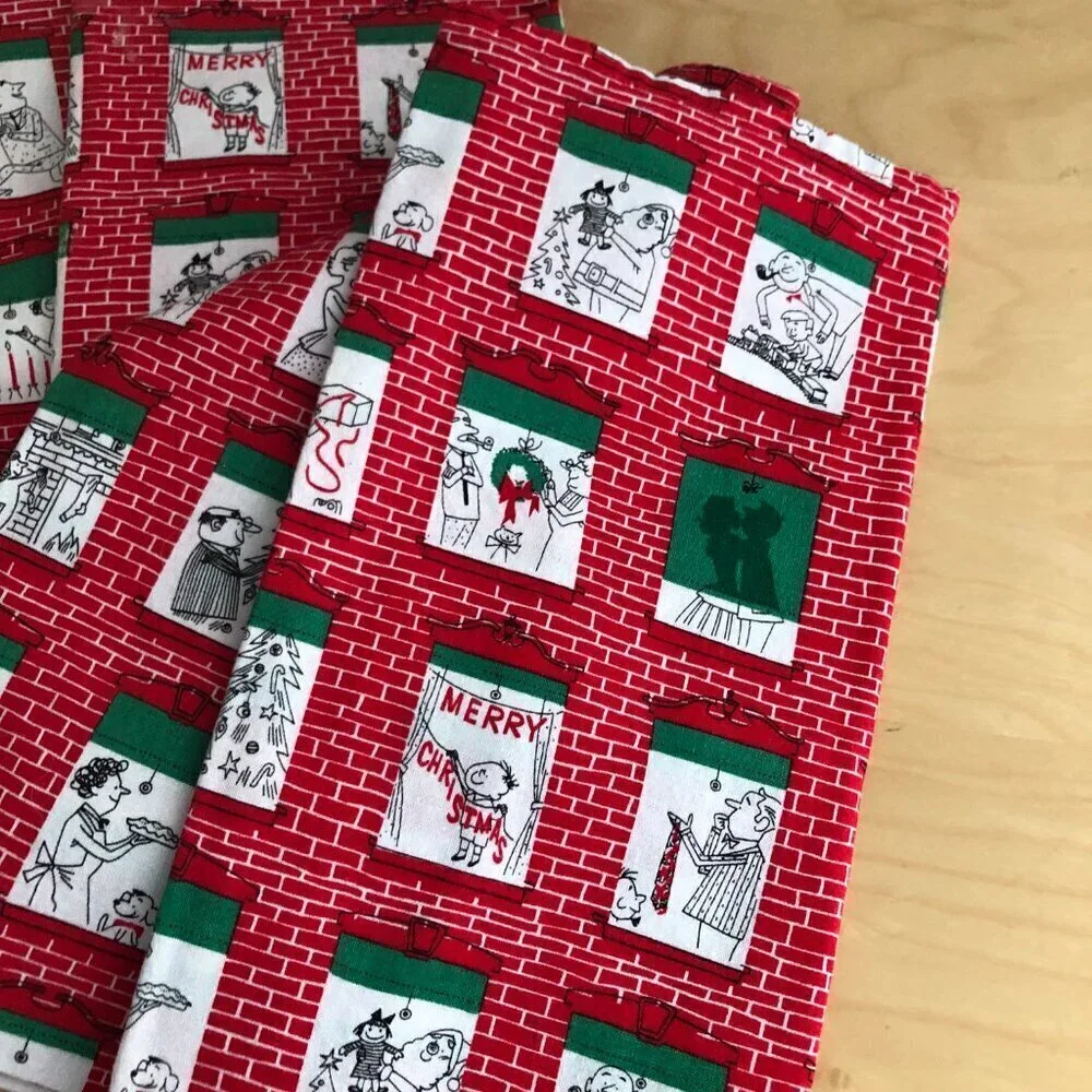 Vintage MCM Christmas Holiday Red White Cartoon Linen Dinner Napkins - Set of 8